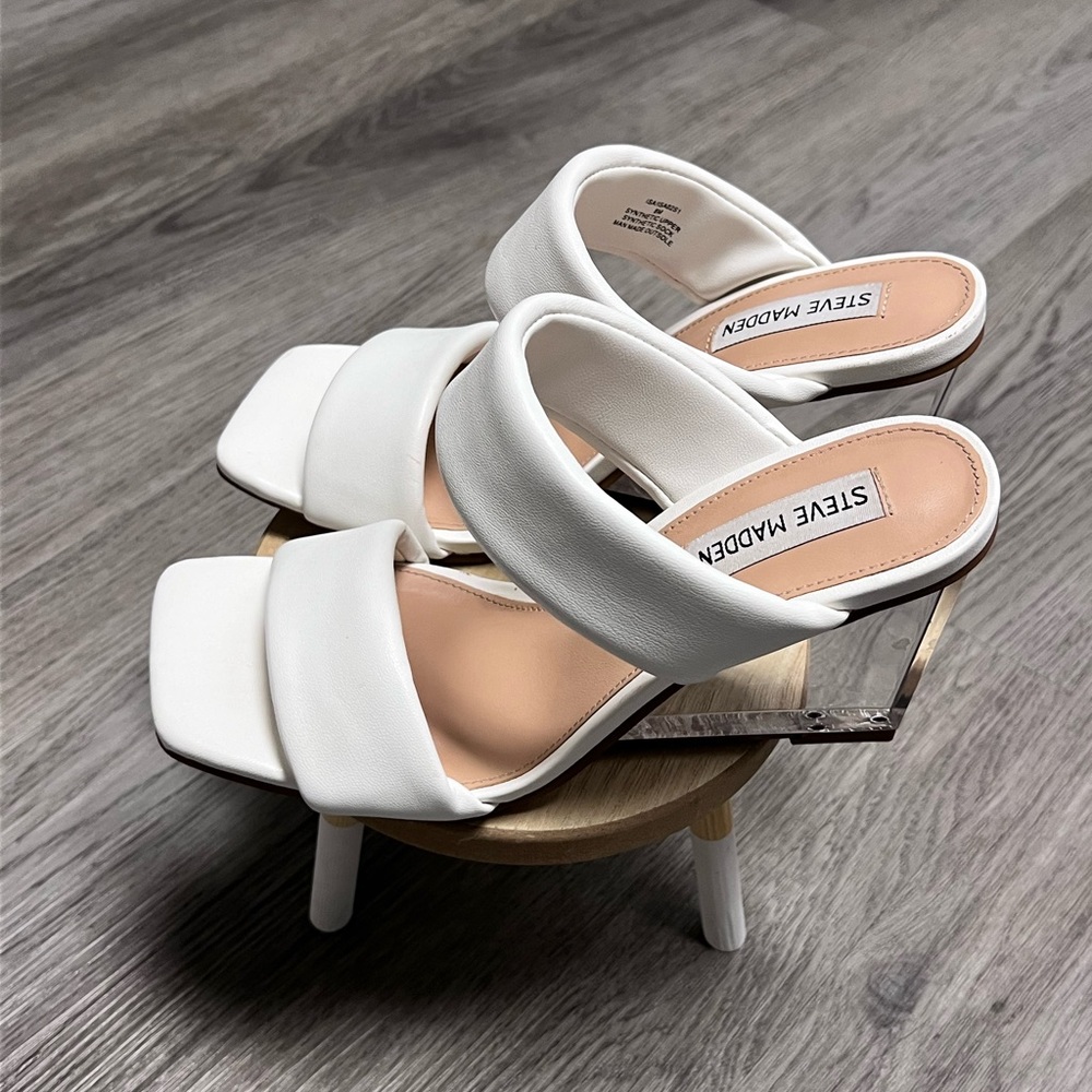 Size 8 M, White Steve Madden Clear Wedge Heels